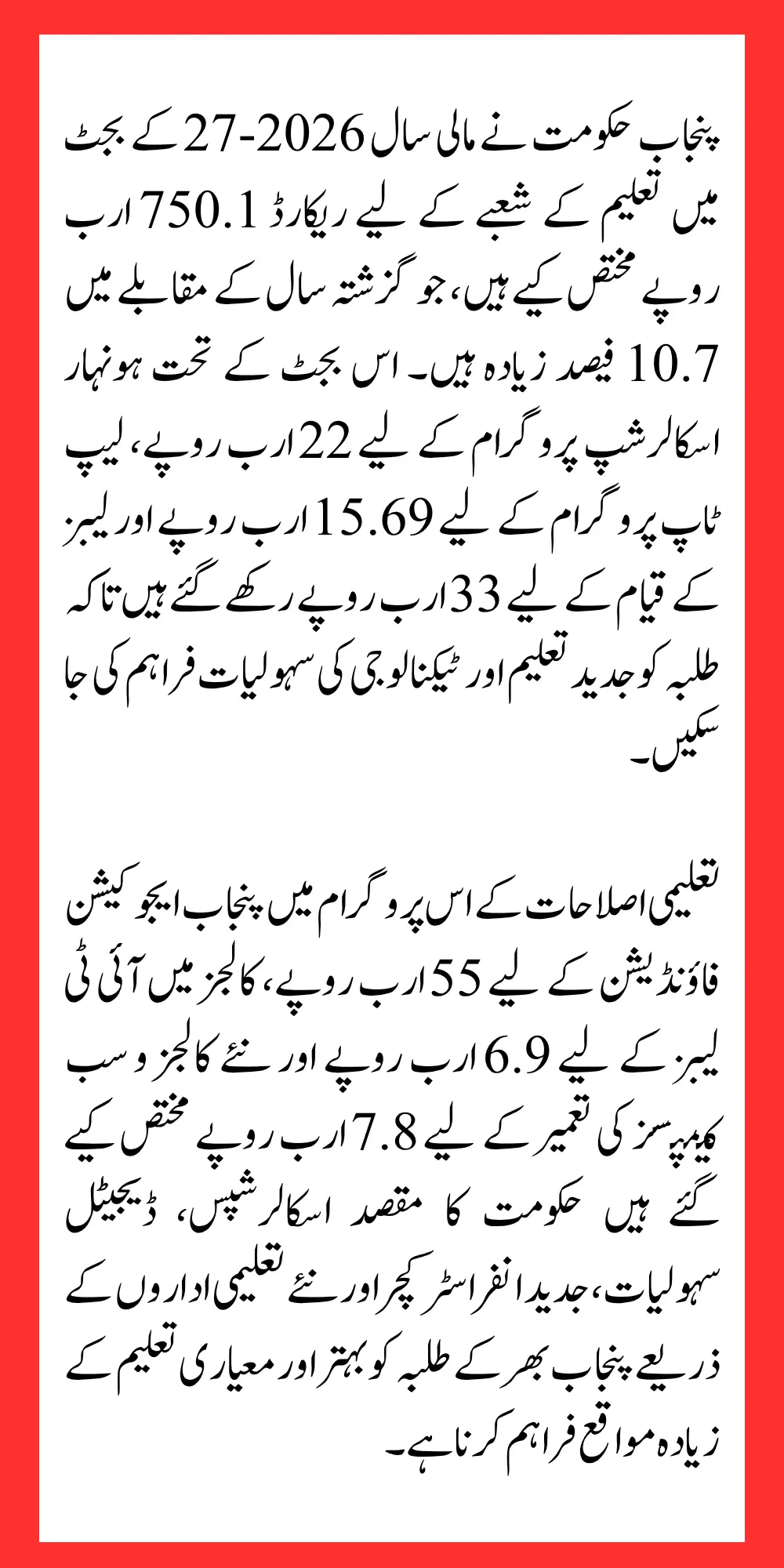 Punjab Budget 2026-27 Rs. 750 Billion Education Package Announced